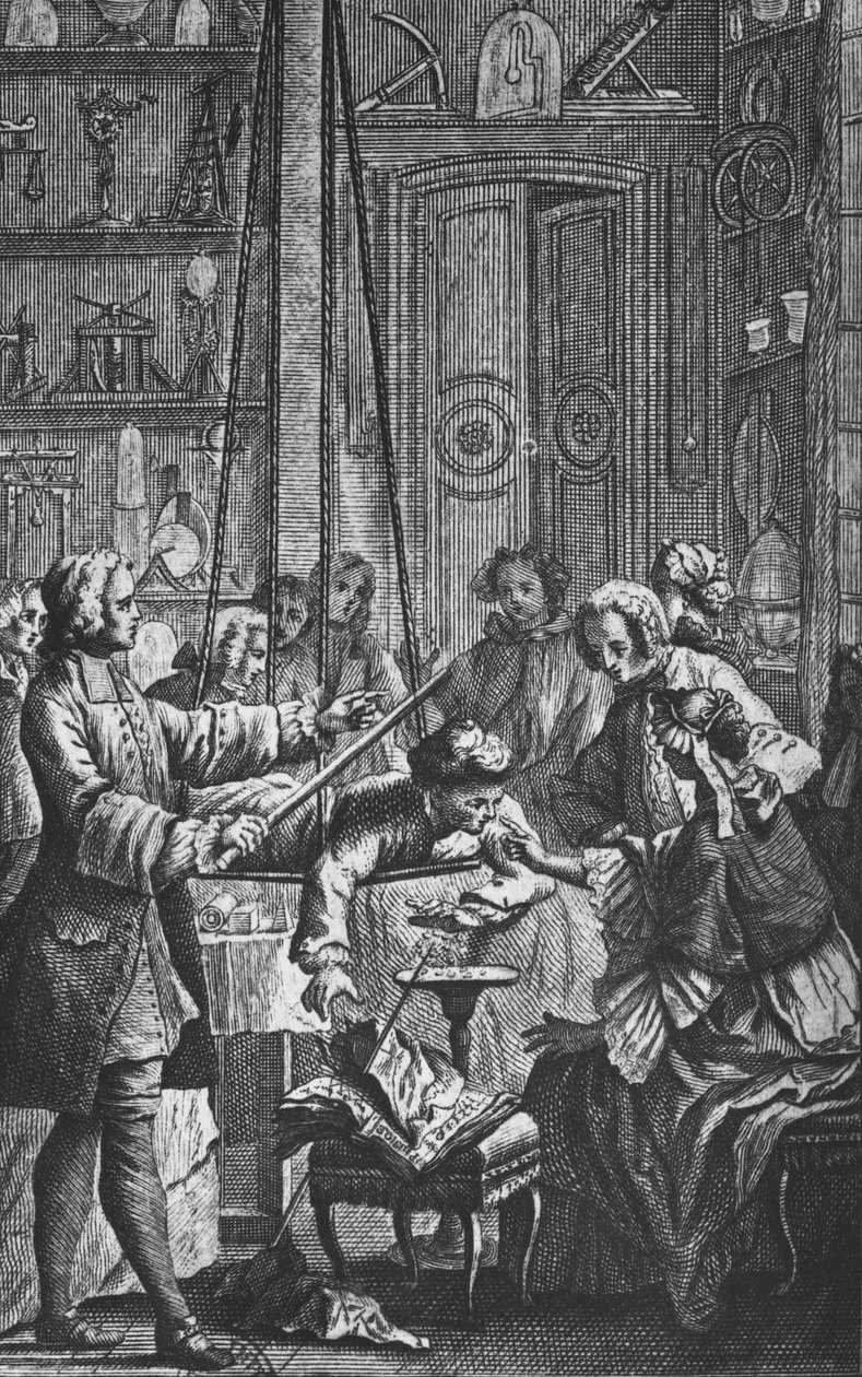 Elektrisches Experiment an einem Mann von Abbe Jean Antoine Nollet (1700-70) in einem Physikerkabinett, Frontispiz-Illustration aus 