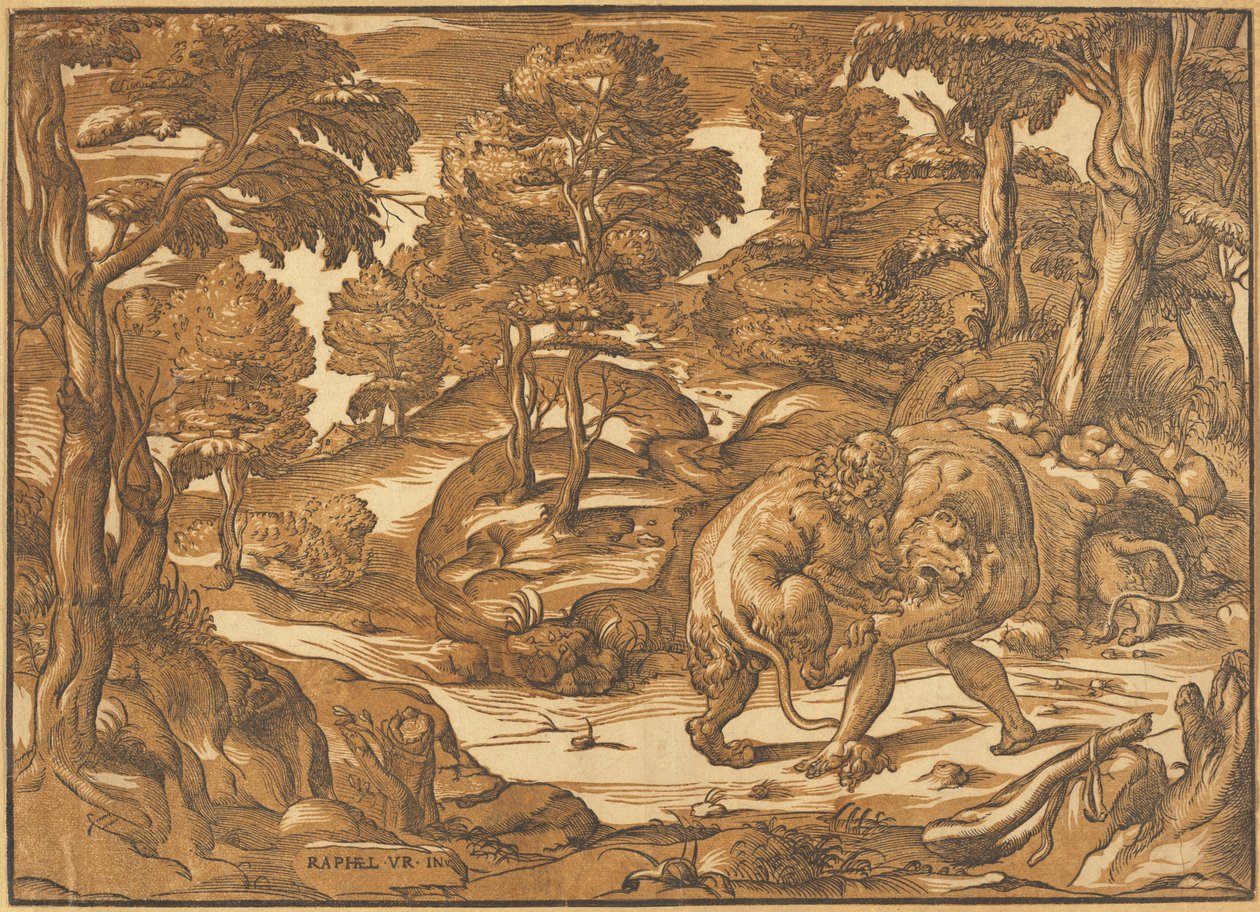 Herkules und der Nemeische Löwe von Nicolò Boldrini, after Raphael