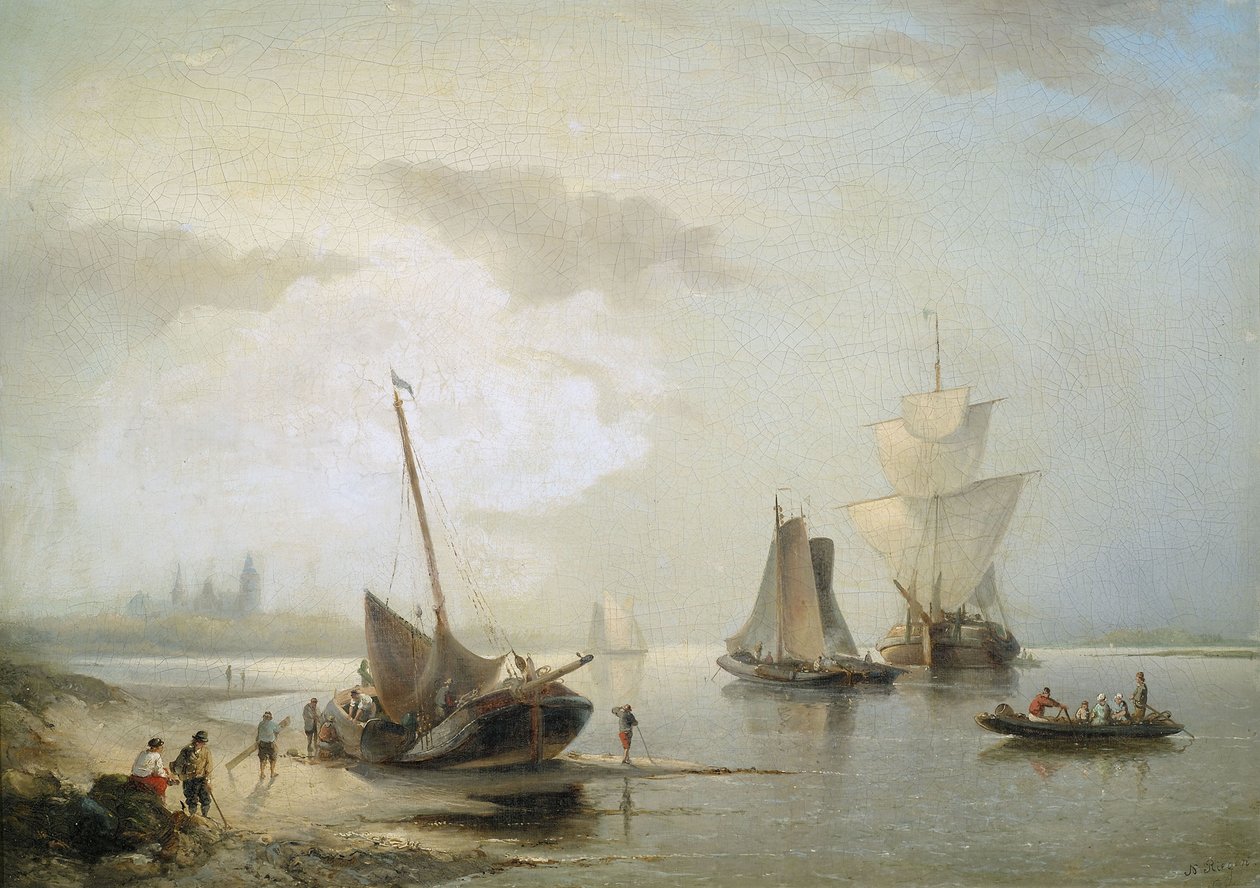 Segelschiffe an holländischer Küste im Morgenlicht von Nicolaas Riegen