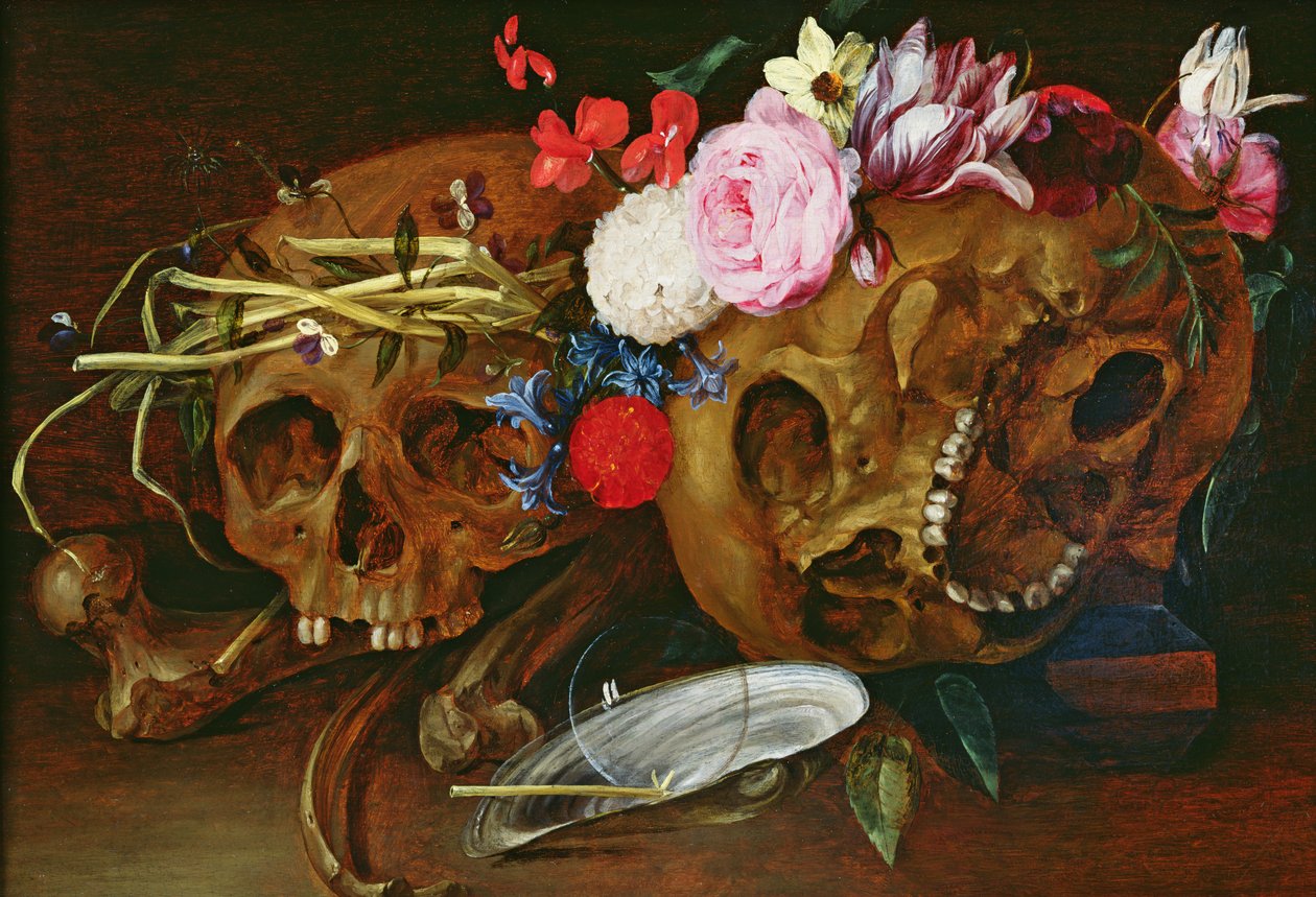 Vanitas Stillleben mit Schädeln, Blumen, einer Perlmuschelschale, einer Blase und einem Strohhalm von Nicolaes van Veerendael