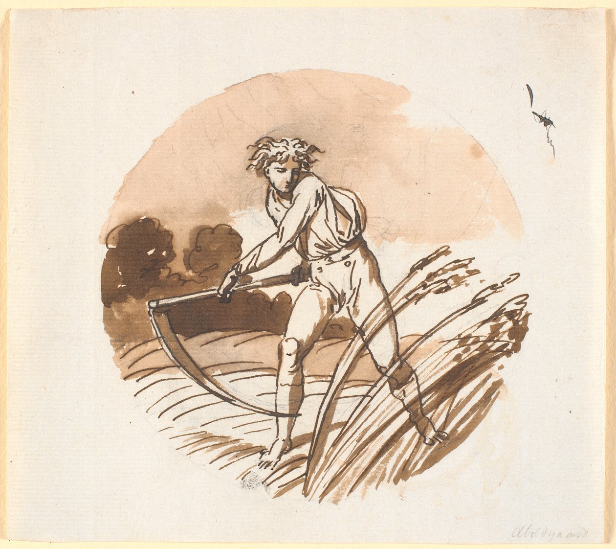 Ein Erntemann, der eine Sense schwingt, rückwärts. von Nicolai Abildgaard