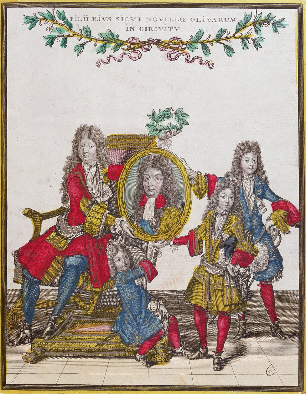Die französische Königsfamilie mit einem Porträt von Ludwig XIV. von Nicolas Arnoult