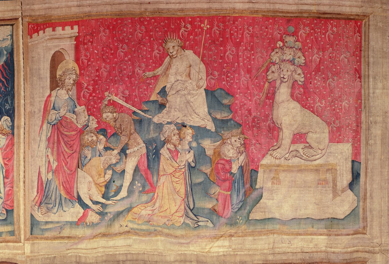 Anbetung des Bildes des Tieres, aus dem Apokalypse-Wandteppich von Angers, 1373-87 von Nicolas Bataille