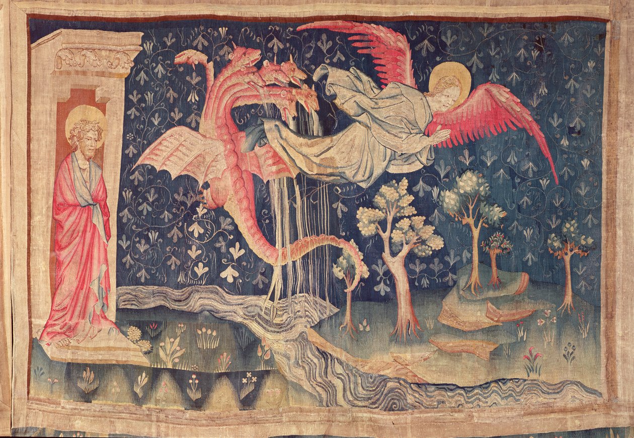 Der Drache verfolgt die Frau, aus dem Apokalypse-Wandteppich von Angers, 1373-87 von Nicolas Bataille