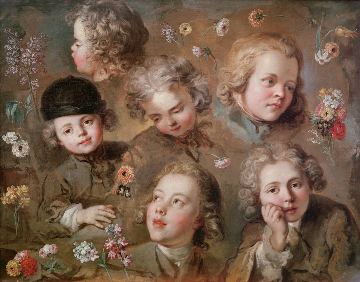 Kinderköpfe und Blumen von Nicolas Bernard Lepicie