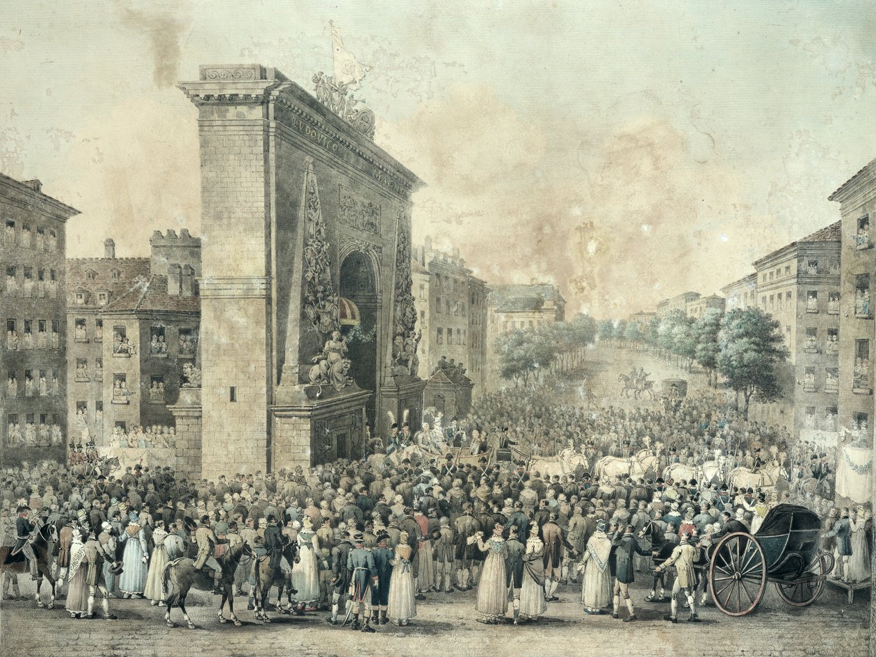 Einzug von Ludwig XVIII. (1755-1824) durch das Porte Saint-Denis, 1814 von Nicolas Joseph Vergnaux