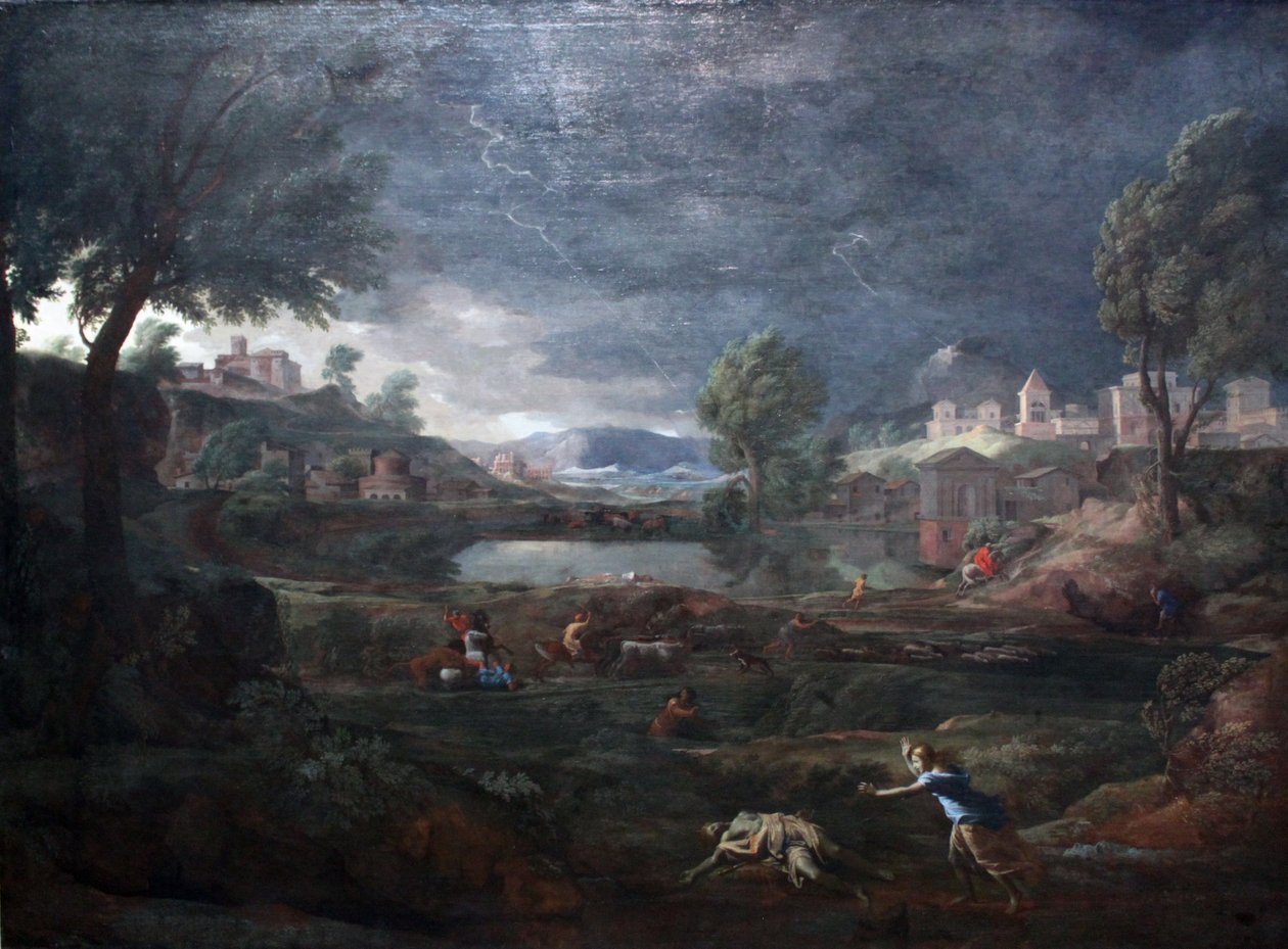 Landschaft während eines Gewitters mit Pyramus und Thisbe von Nicolas Poussin