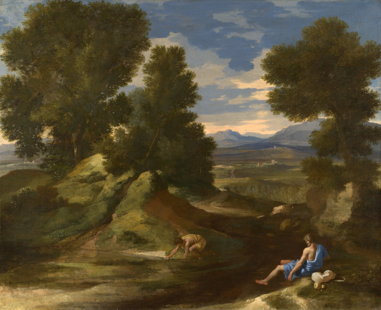 Landschaft mit einem Mann, der Wasser aus einem Bach schöpft, ca. 1637 von Nicolas Poussin