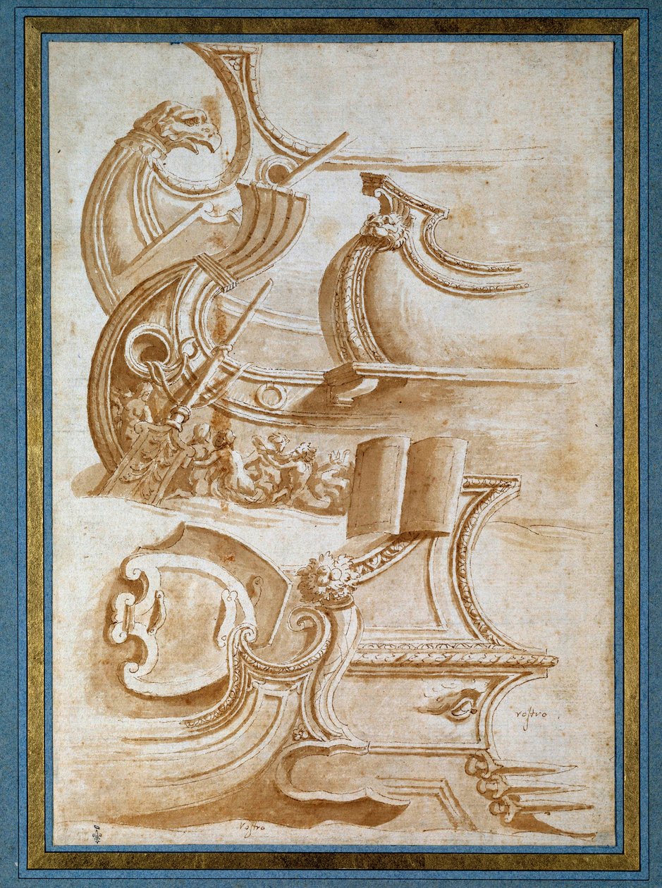 Schiffsbogen und Schilde (nach Giulio Romano) von Nicolas Poussin