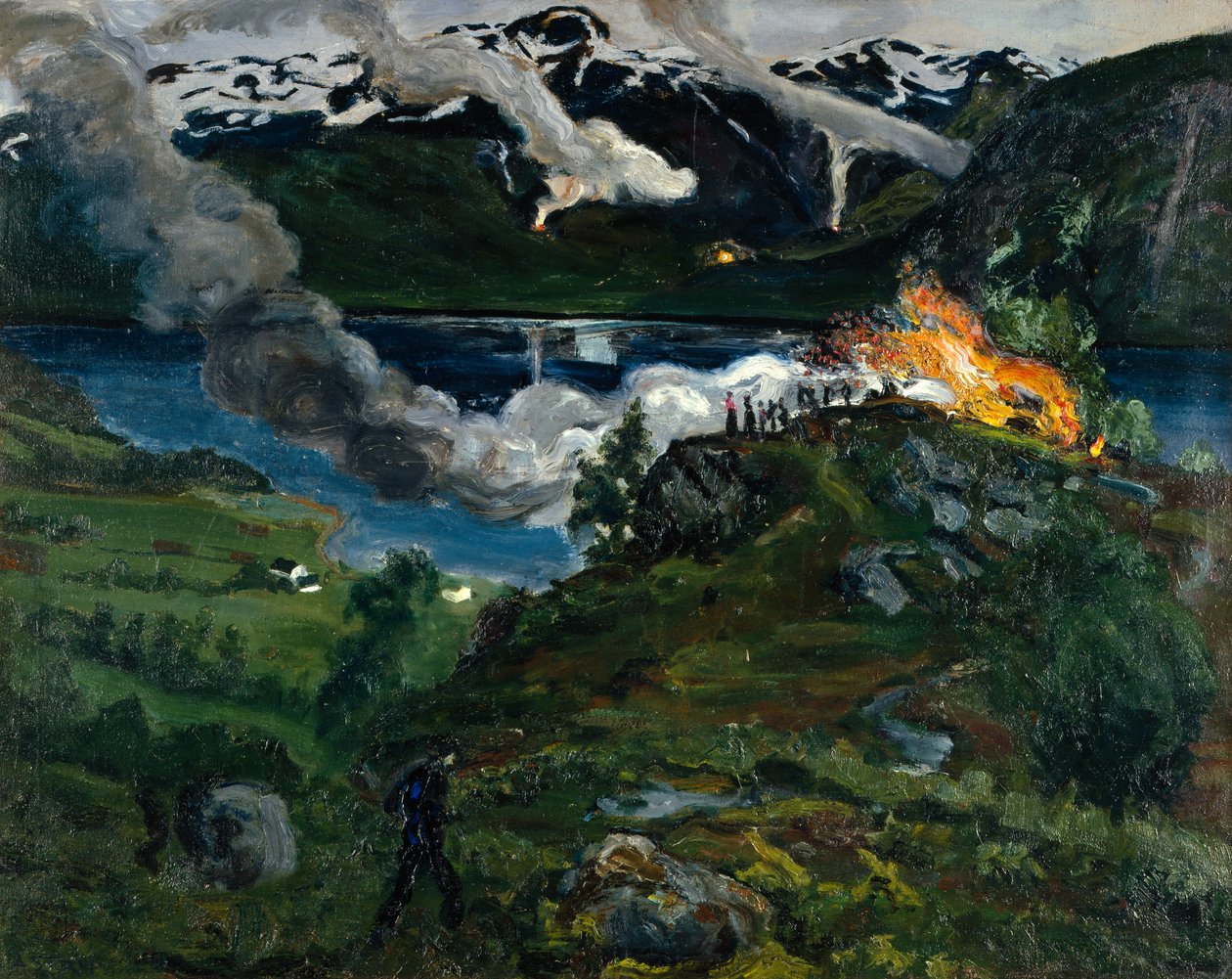 Mittsommerfeuer am Jølster Wasser von Nikolai Astrup
