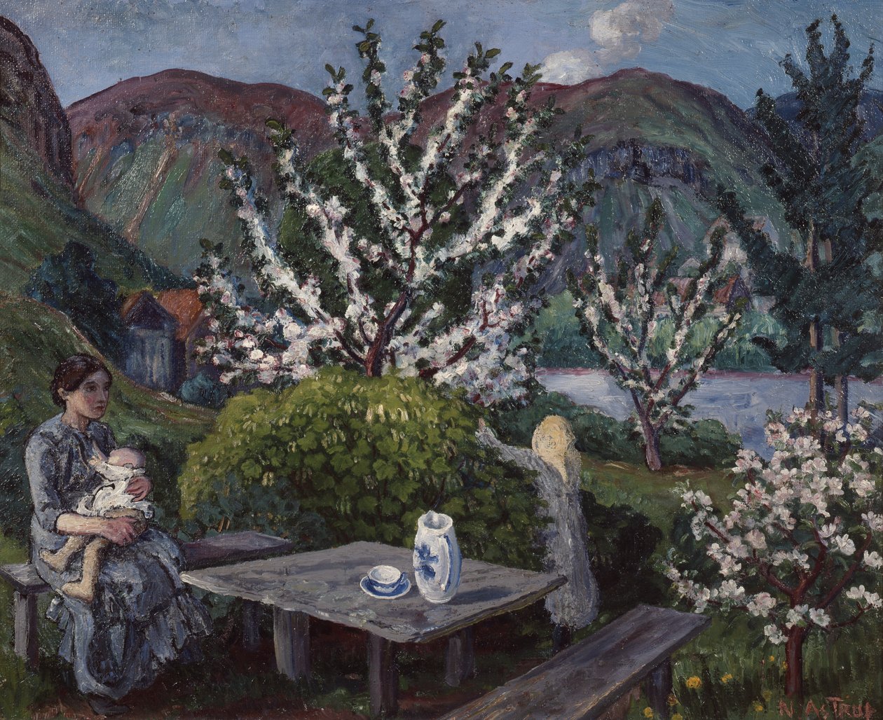 Mutter und Kind am Gartentisch von Nikolai Astrup