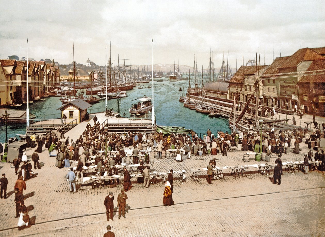 Fisketorget, Bergen, veröffentlicht um 1900 von Norwegian Photographer
