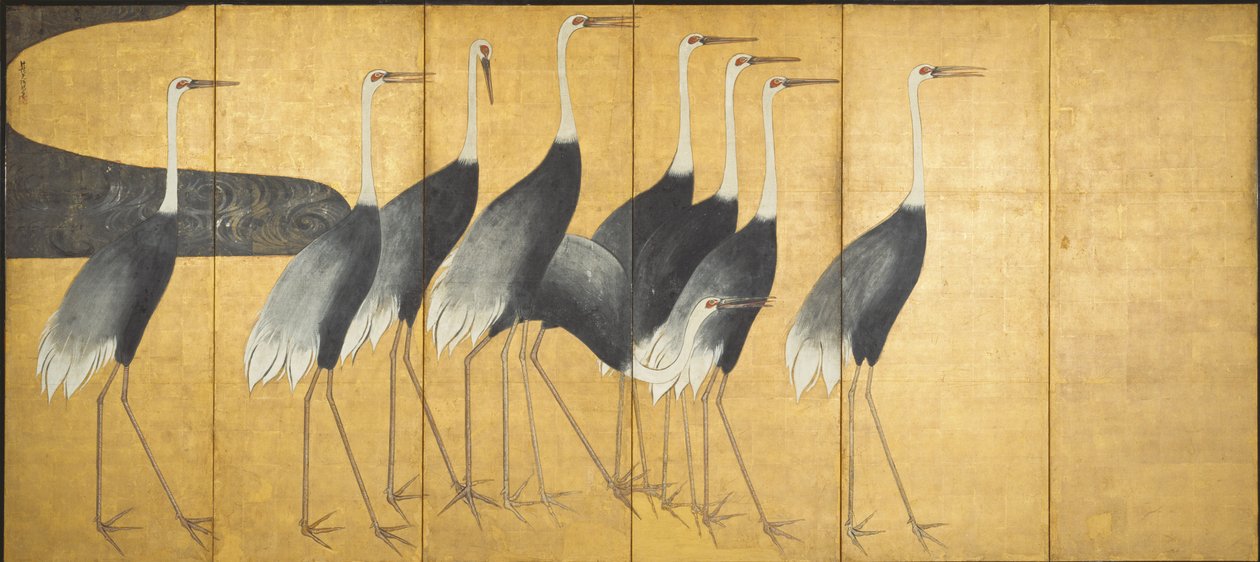 Sechsteiliges Paravent mit Kranichen, Edo-Periode von Ogata Korin