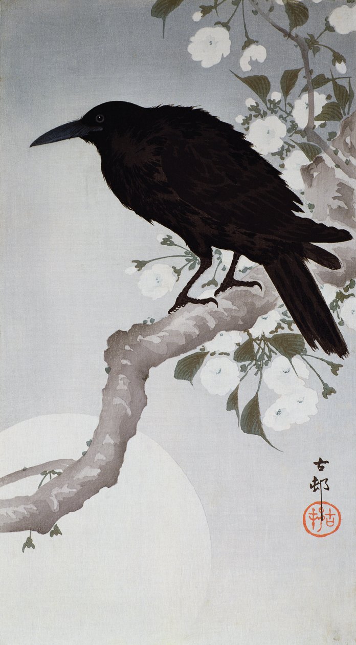 Ein schwarzer Vogel auf einem Ast im Mondlicht von Ohara Koson