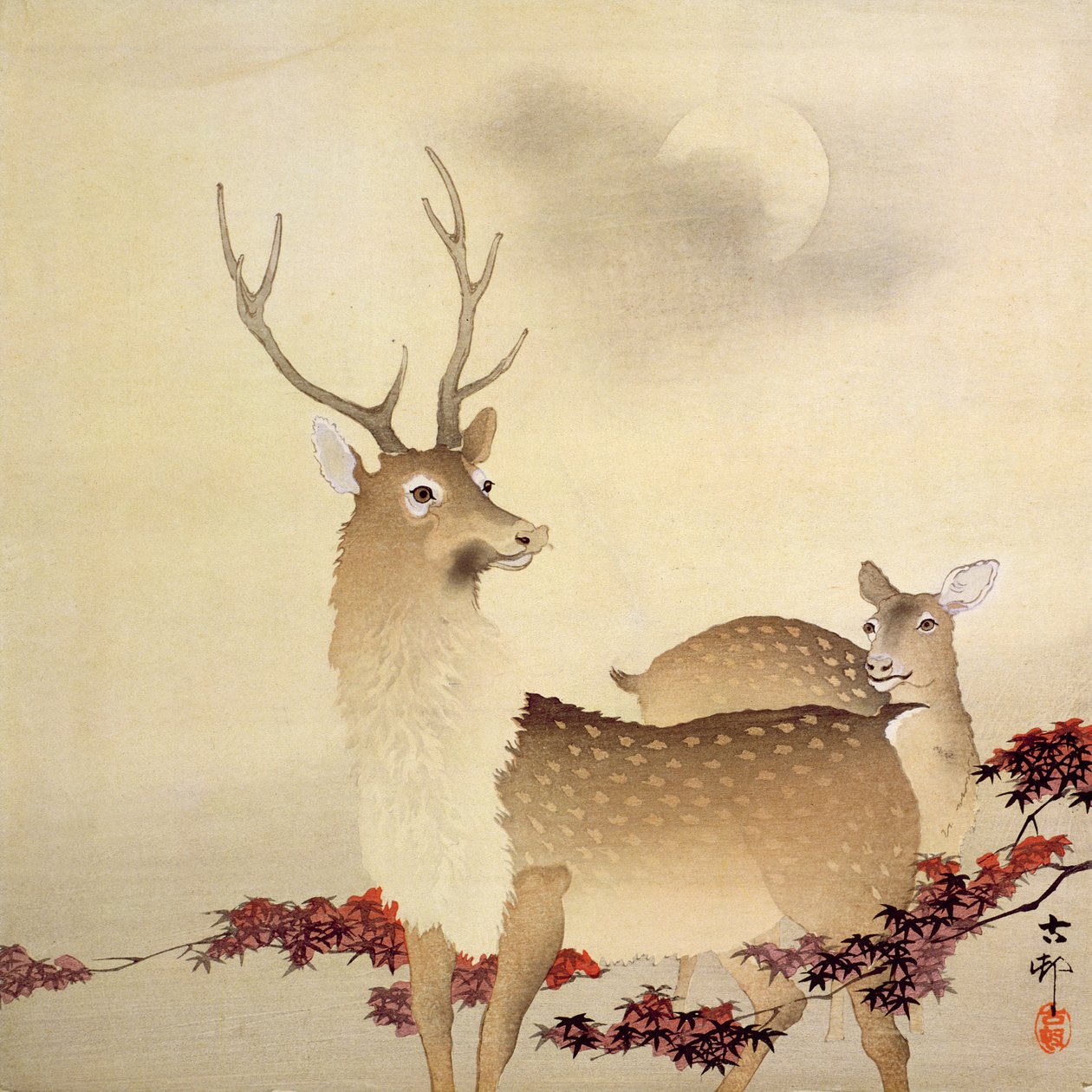 Ein Hirsch und sein Junges unter dem Mond, ca. 1930 von Ohara Koson