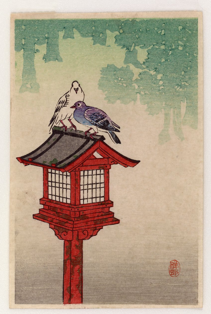 Tauben auf einer Widmungslaterne (Farbholzschnitt) von Ohara Koson
