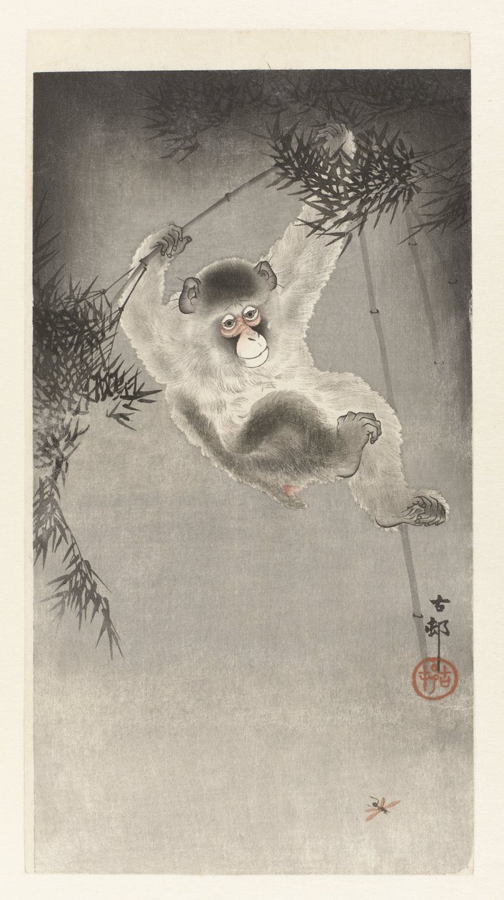 Affe, hängend an einem Bambuszweig von Ohara Koson