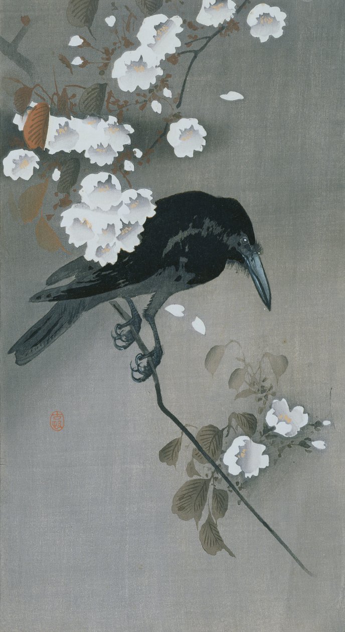 Krähe auf einem Kirschblütenzweig von Ohara Koson