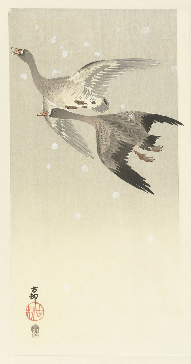 Saatgänse, fliegend im Schnee von Ohara Koson