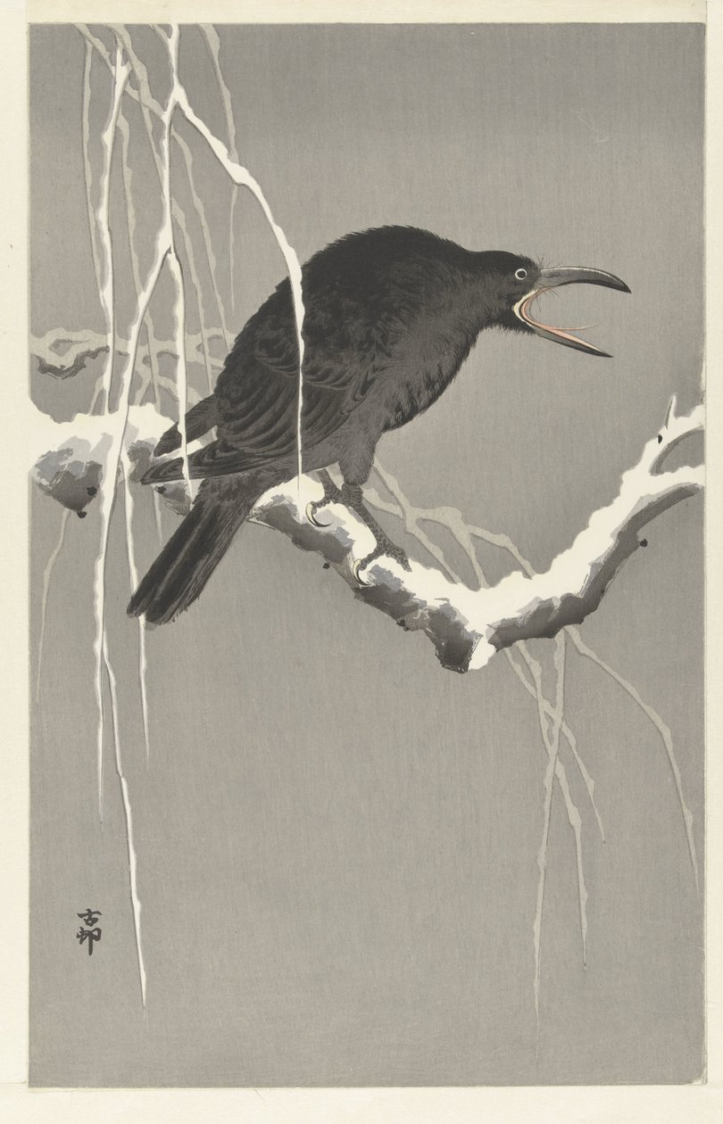 Krähe auf verschneitem Baumzweig von Ohara Koson