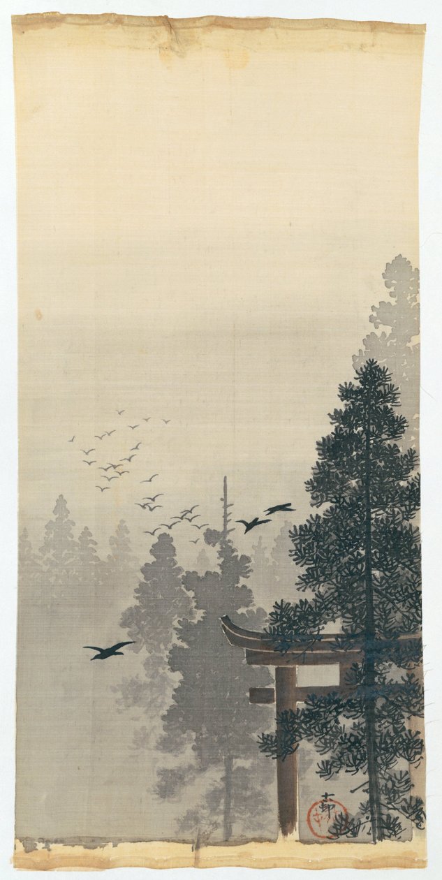 Landschaft mit Vogelschwarm und Torii von Ohara Koson