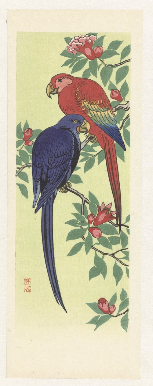 Roter und blauer Papagei von Ohara Koson