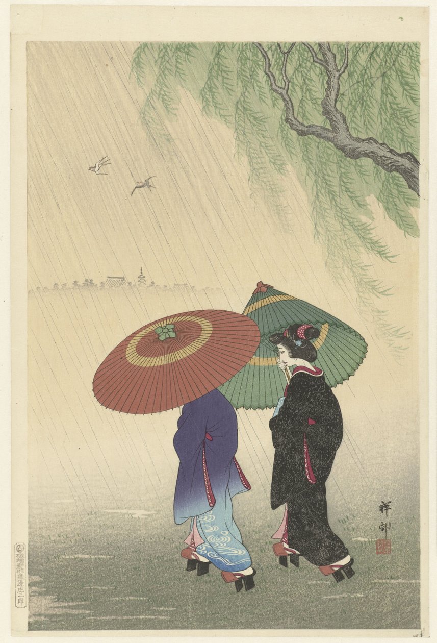 Zwei Frauen im Regen von Ohara Koson