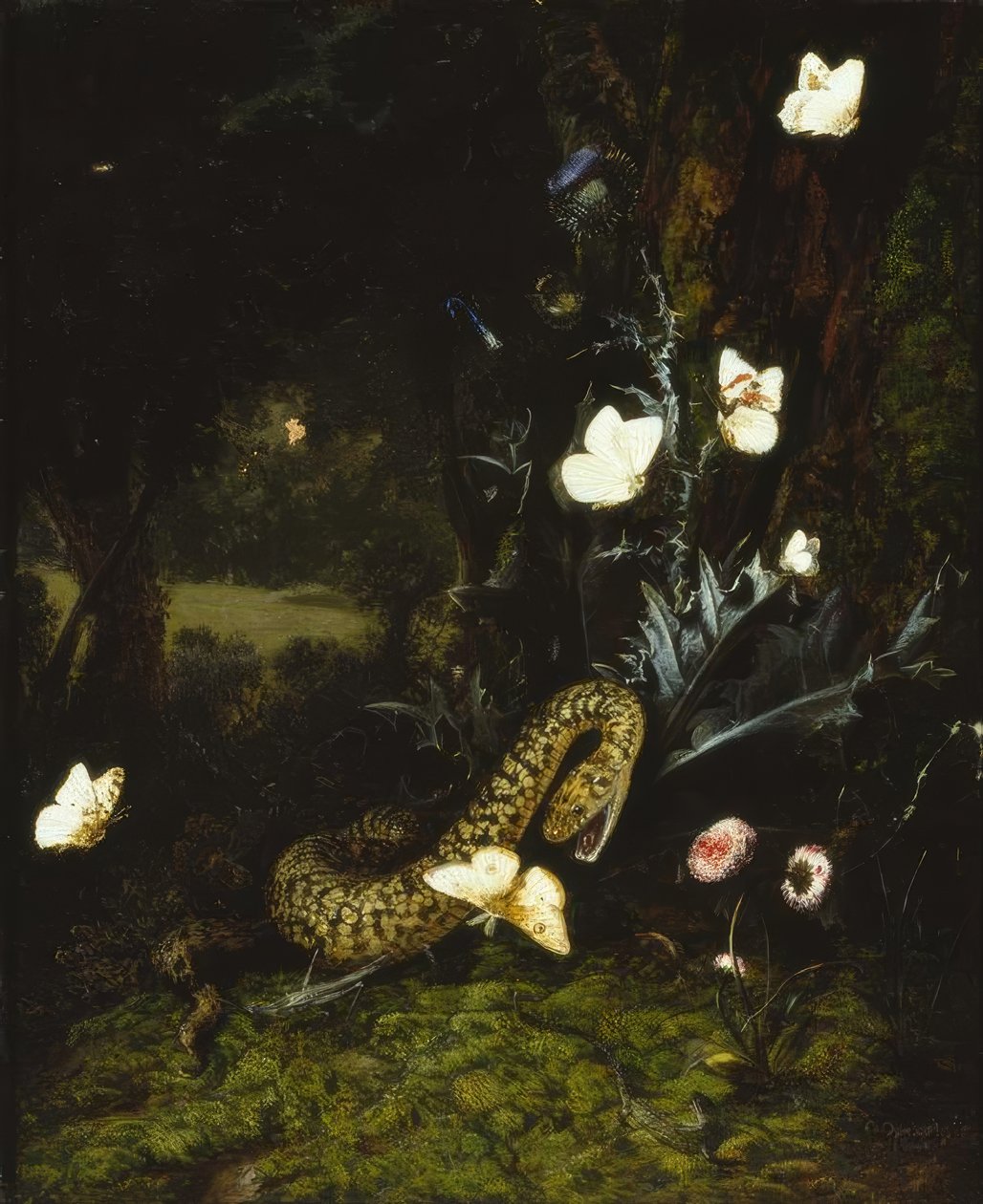 Grashüpfer, Schlange und Schmetterlinge bei einer Distel von Otto Marseus  van Schrieck