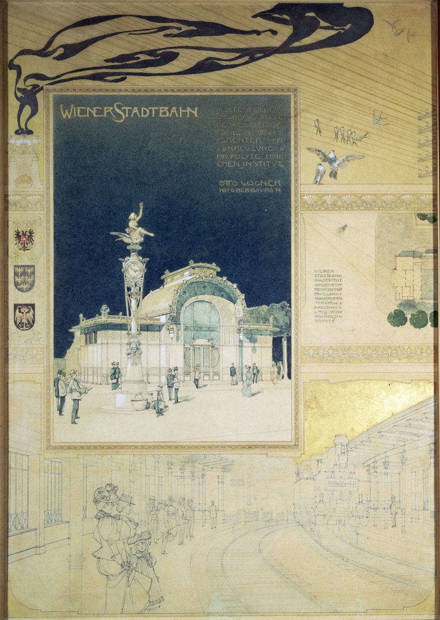 Der Stadtbahn-Pavillon der Wiener Untergrundbahn, Entwurf zeigt das Äußere und eine Ansicht des Bahnsteigs, um 1894-97 von Otto Wagner