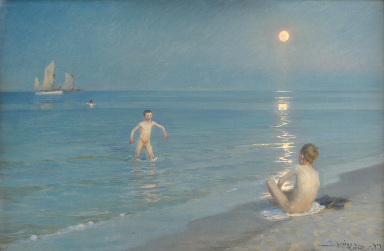 Jungen baden in Skagen. Sommerabend von Peder Severin Krøyer