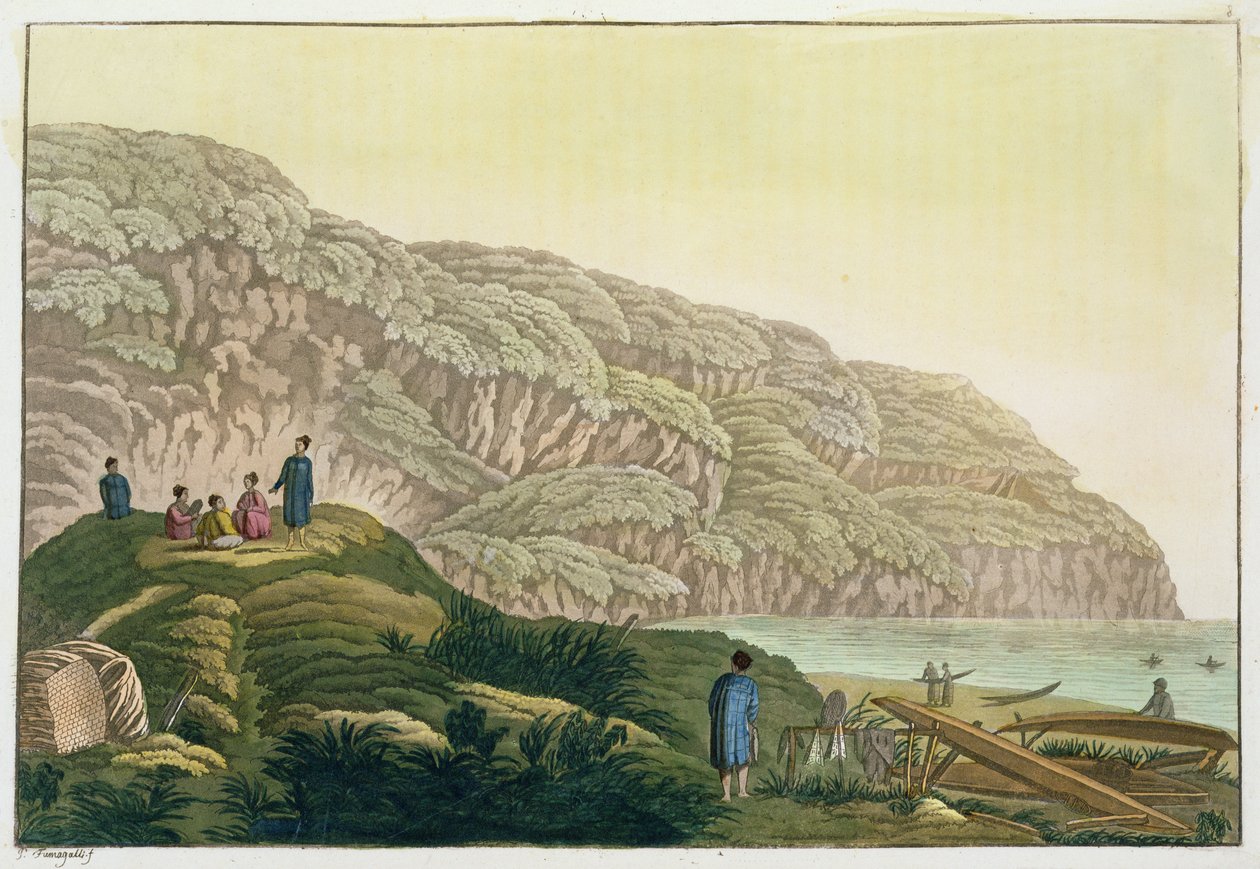 Kapitän Cook (1728-79) in Alaska während seiner Reise (Farbstich) von Paolo Fumagalli