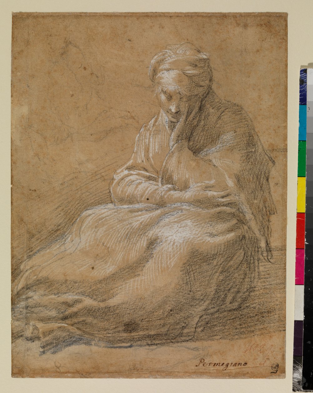 Frau, die auf dem Boden sitzt von Parmigianino