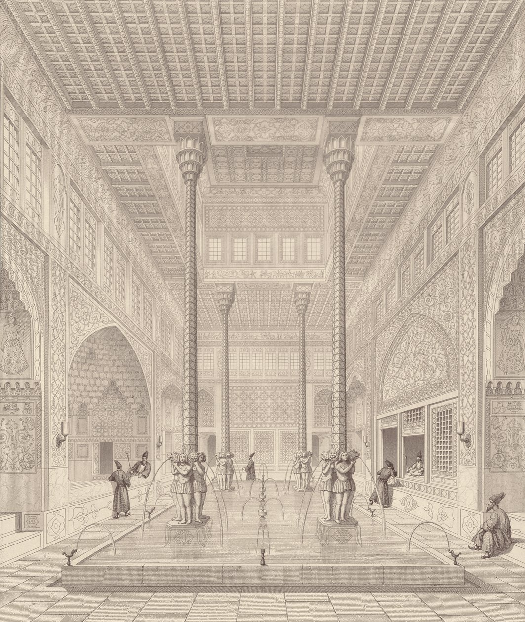 Innenansicht des Tchar-Bach-Palastes, Isfahan, aus Moderne Denkmäler Persiens, graviert von Claude Sauvageot (1832-85) und Jean Charles Huguet, 1856 von Pascal Xavier after Coste