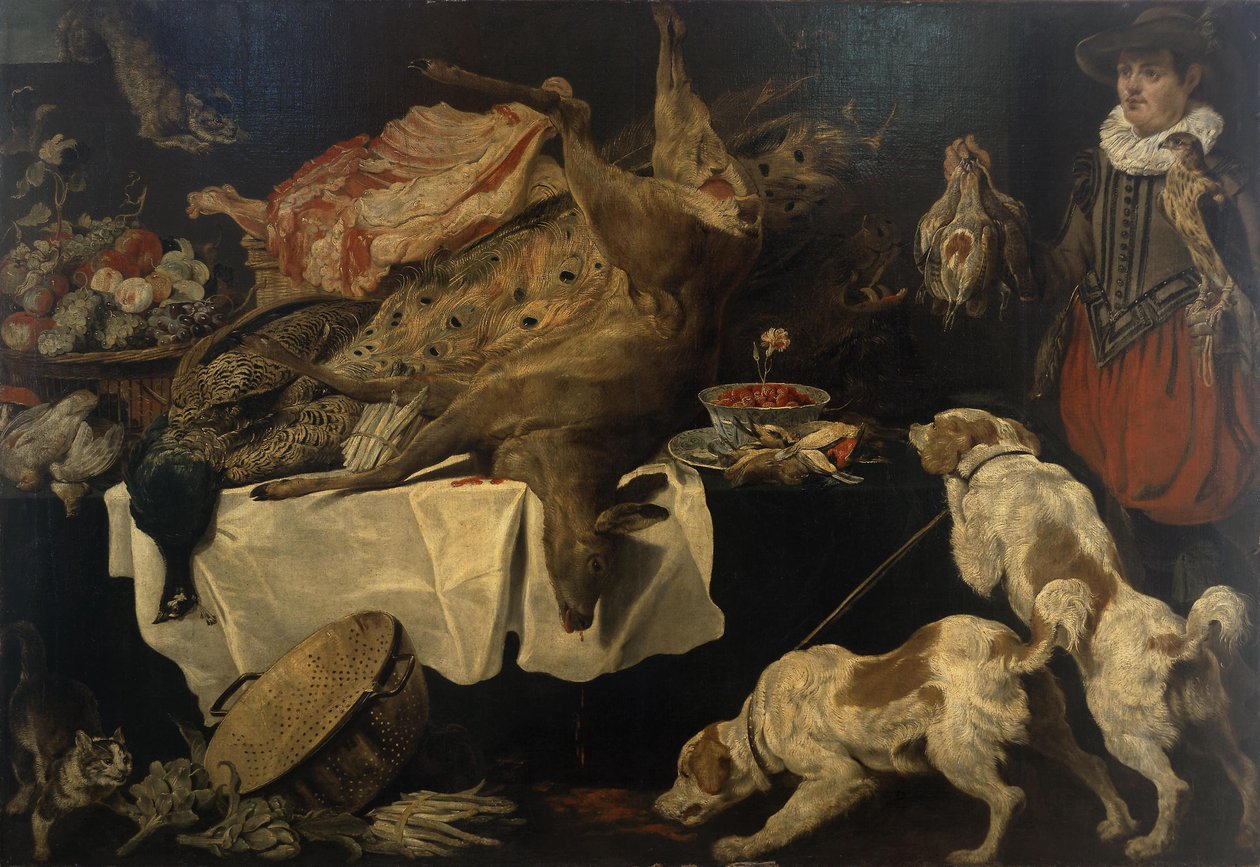 Jäger und Hunde an einem Tisch mit Wild und Obst von Paul De Vos