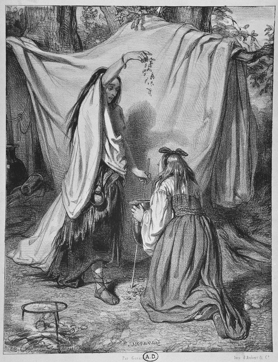 Hexe bereitet einen Liebestrank vor, um 1840 von Paul Gavarni