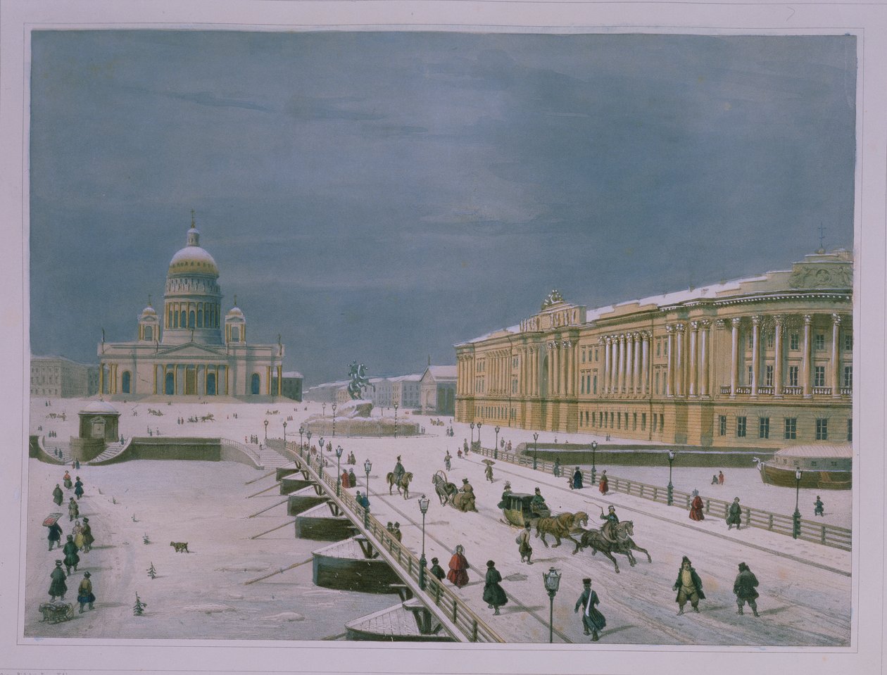 Die Isaak-Kathedrale und der Senatsplatz in St. Petersburg, 1840er Jahre (Farblithografie) von Paul Marie Roussel