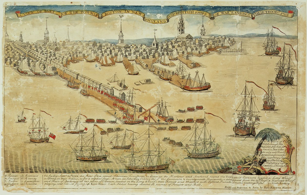 Ein Blick auf einen Teil der Stadt Boston in Neuengland und britische Kriegsschiffe landen ihre Truppen! 1768 von Paul Revere