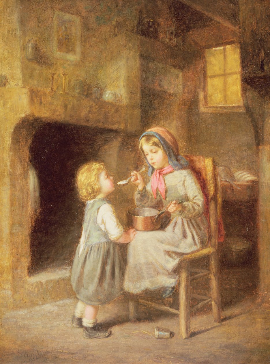 Junges Mädchen füttert Kleinkind von Paul Seignac