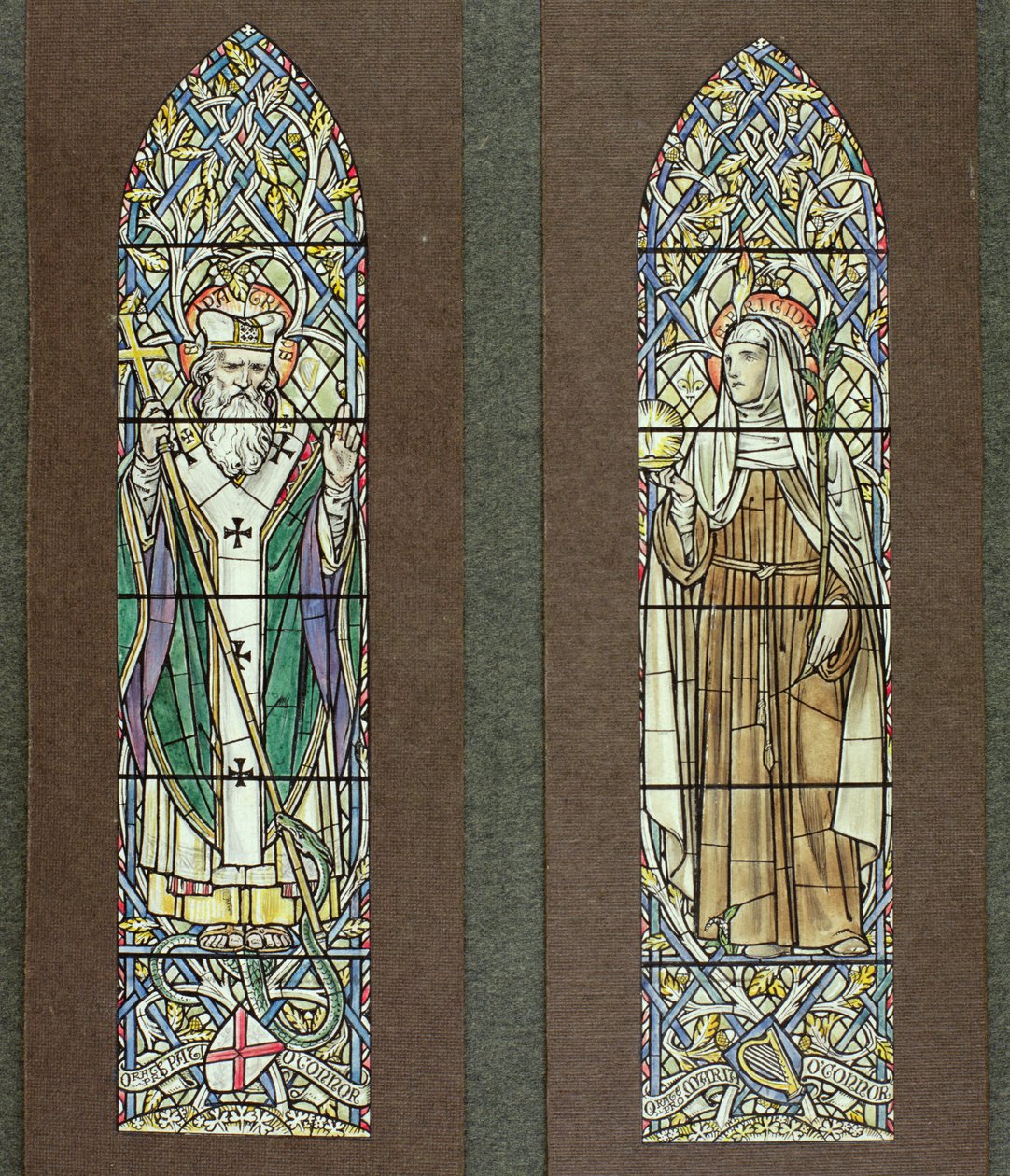 Entwurf für Buntglasfenster, die St. Patrick und St. Bridget in der Kapelle der schottischen Heiligen in Fort Augustus Abbey, Loch Ness, 1919 darstellen von Paul Vincent Woodroffe