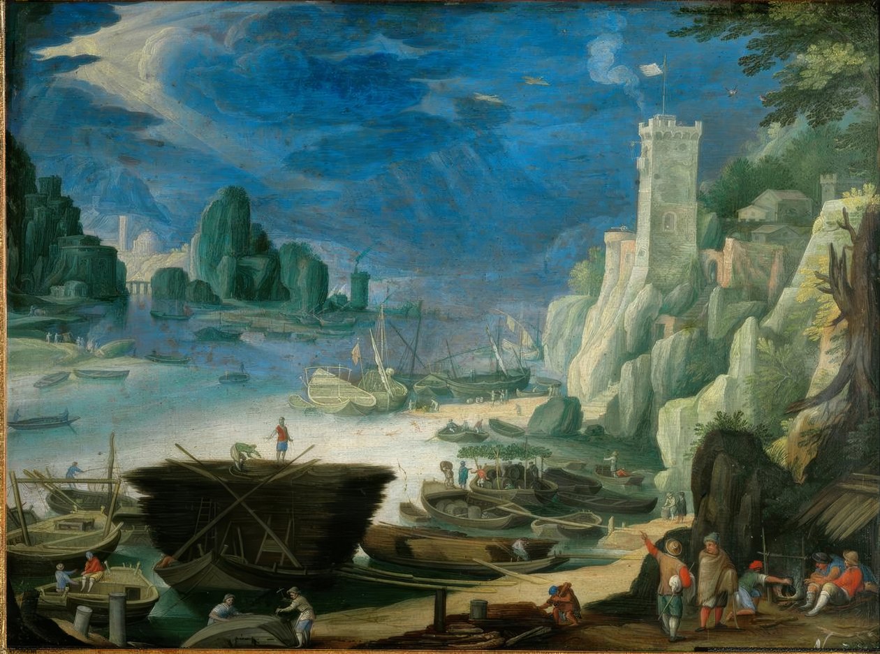 Nächtliche Hafenlandschaft mit Leuchtturm von Paul Bril