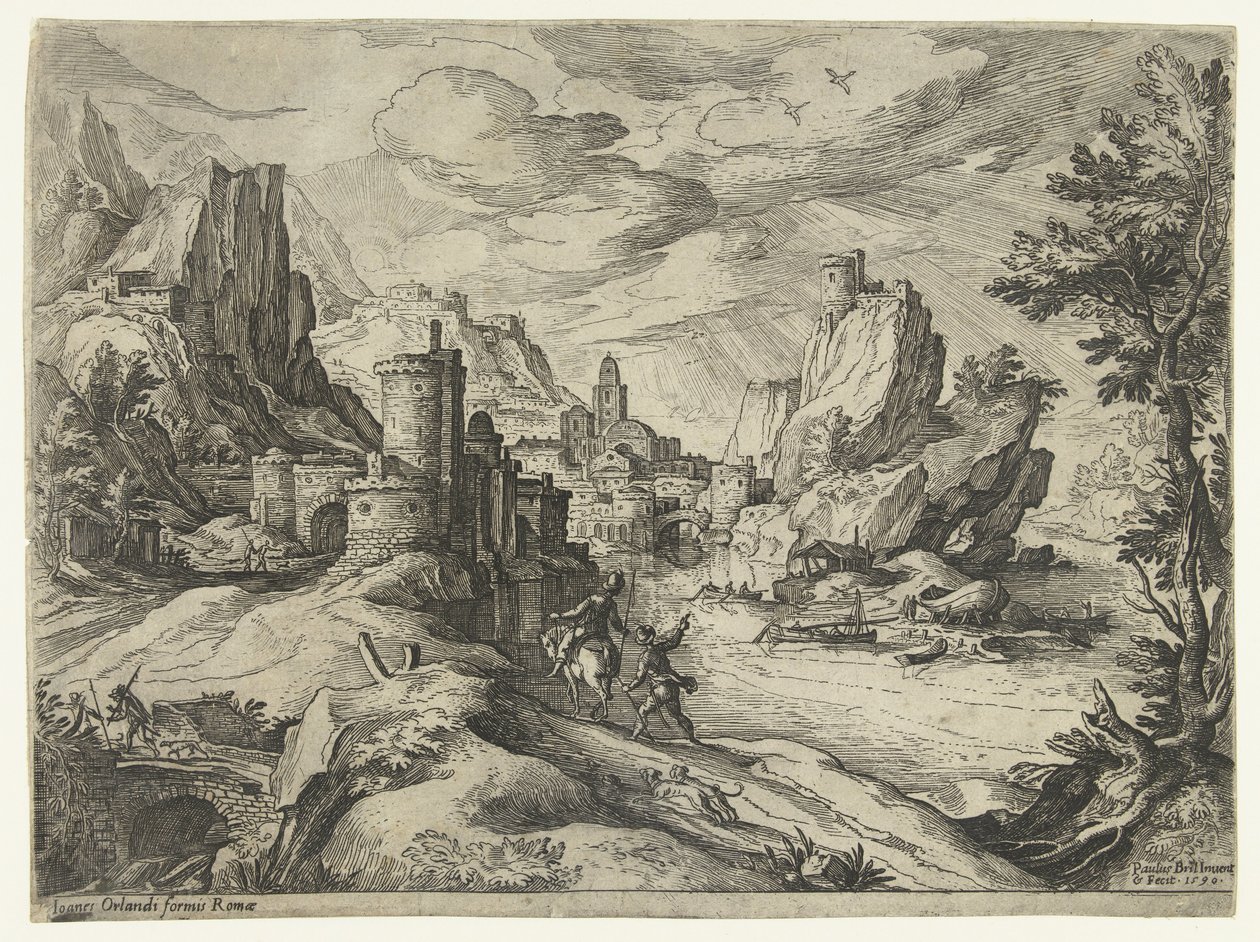 Felsenküste in Kampanien mit Stadt und Reisenden von Paul Bril