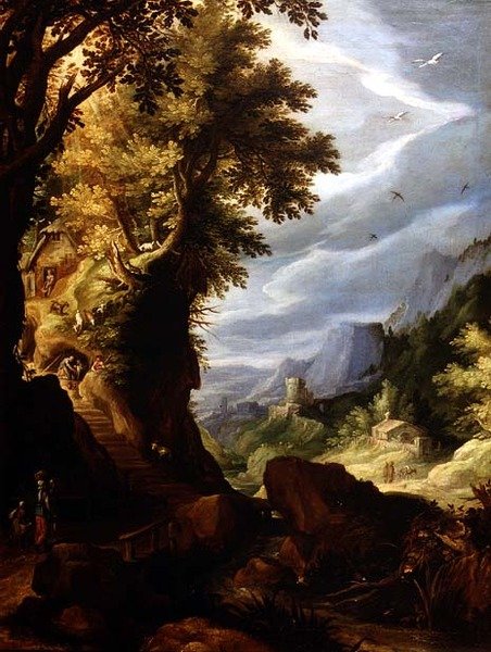 Eine bergige bewaldete Landschaft von Paul Brill or Bril