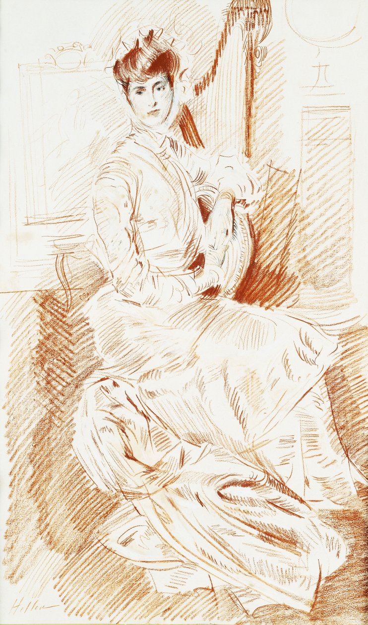 Madame Helleu sitzt bei einer Harfe von Paul Cesar Helleu
