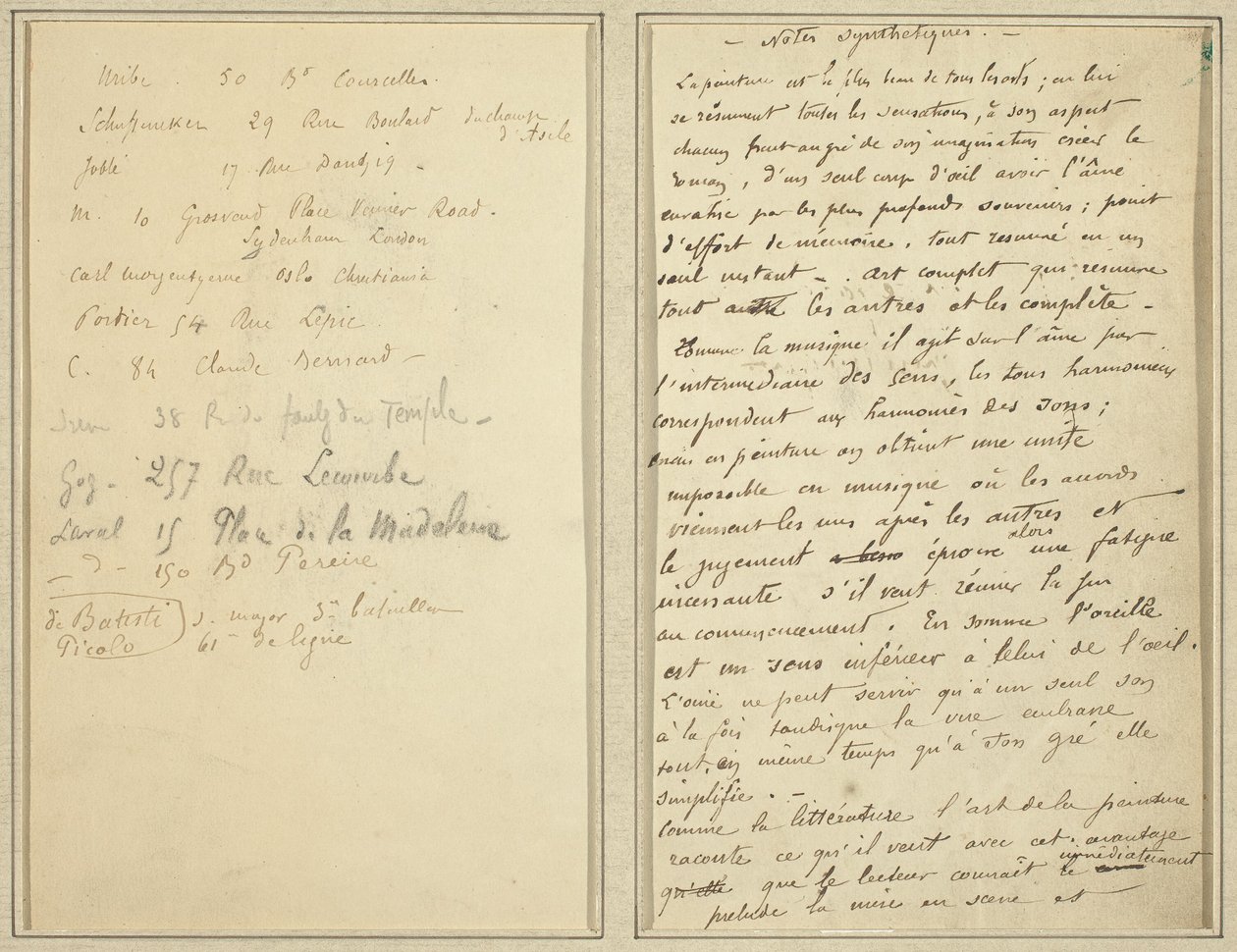 Adressliste; Manuskriptseite (Vorderseite) von Paul Gauguin