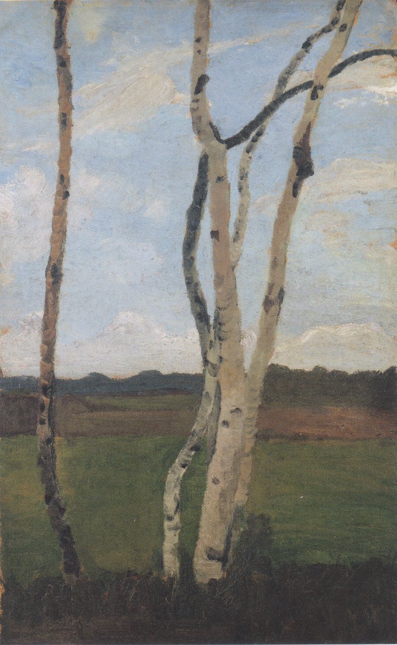 Birkenstämme vor Landschaft von Paula Modersohn Becker