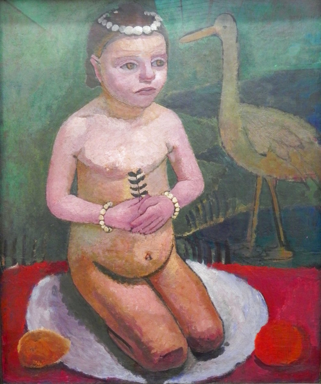 Hockendes Mädchen mit Storch von Paula Modersohn Becker