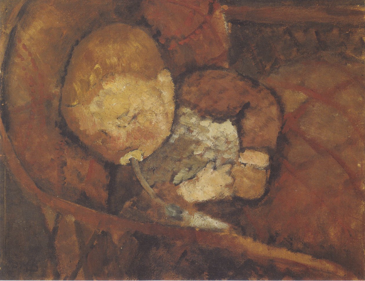 Kind mit Saugflasche in der Wiege von Paula Modersohn Becker