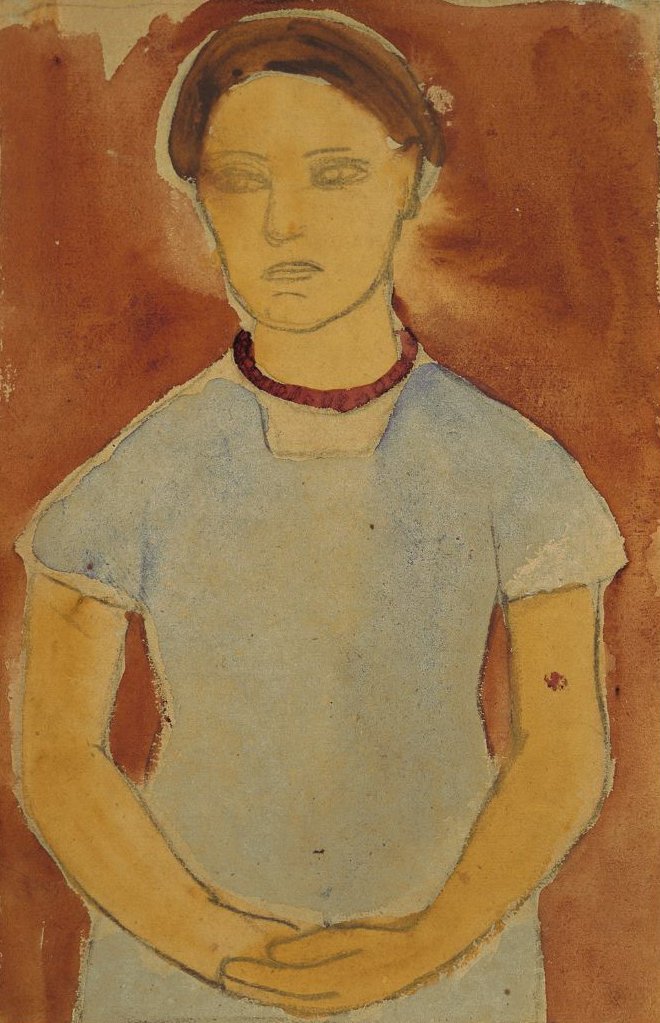 Lee Hoetger vor Blumengrund von Paula Modersohn Becker