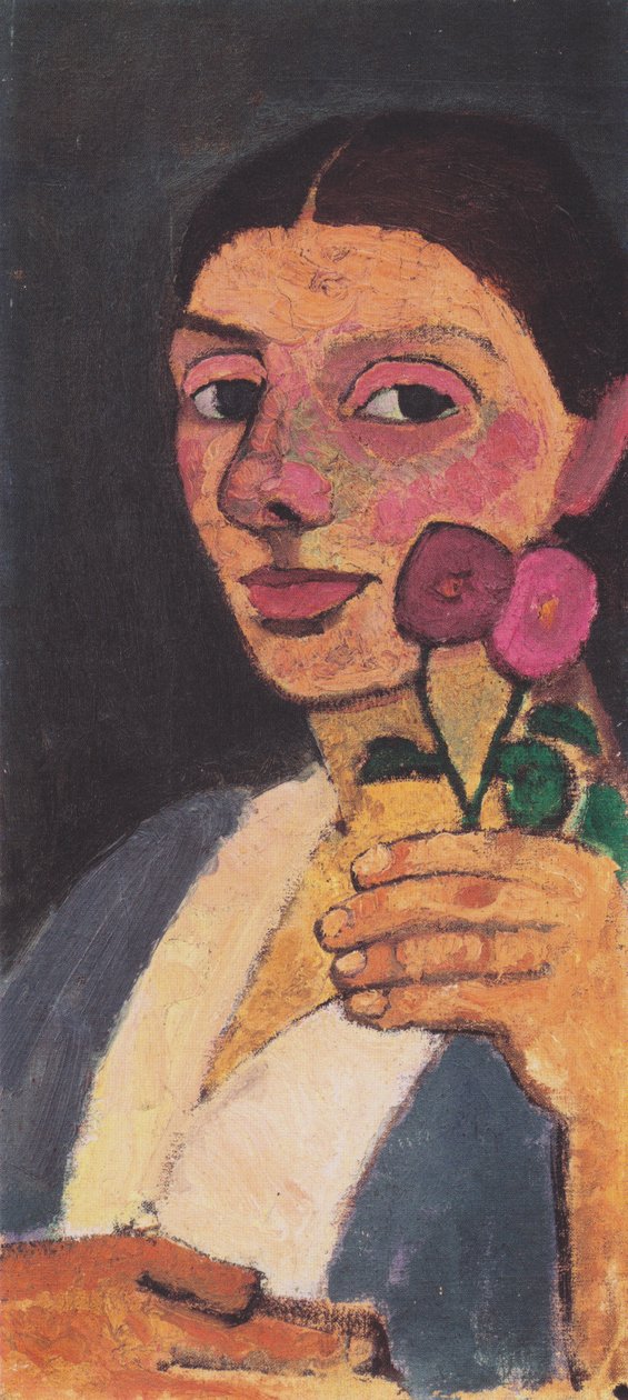 Selbstbildnis mit zwei Blumen in der erhobenen linken Hand von Paula Modersohn Becker