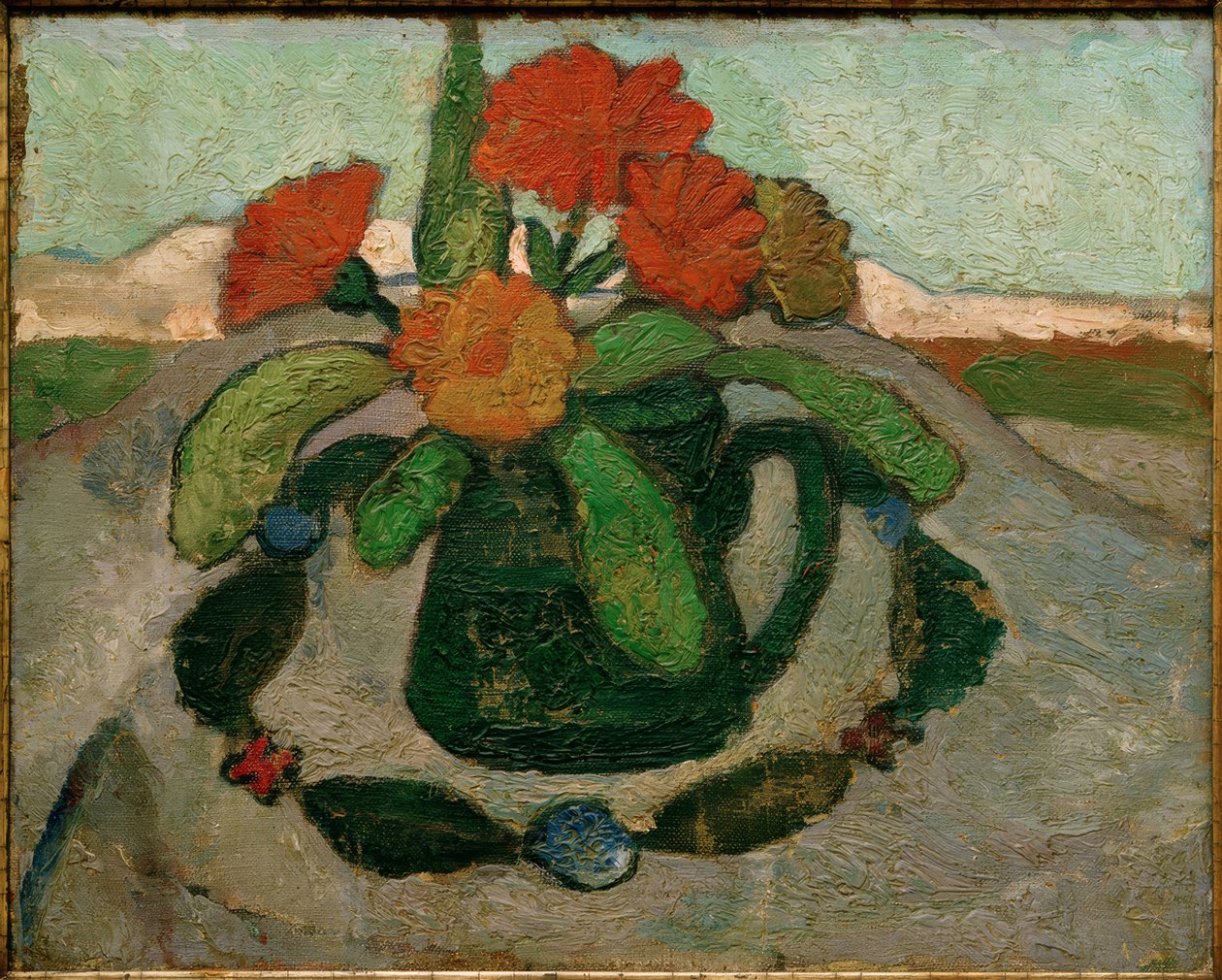 Stillleben mit Ringelrosen vor Landschaft von Paula Modersohn Becker